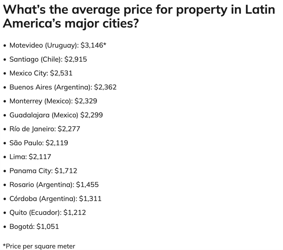 prix moyen au metre carré des ville majeures d'amerique latine