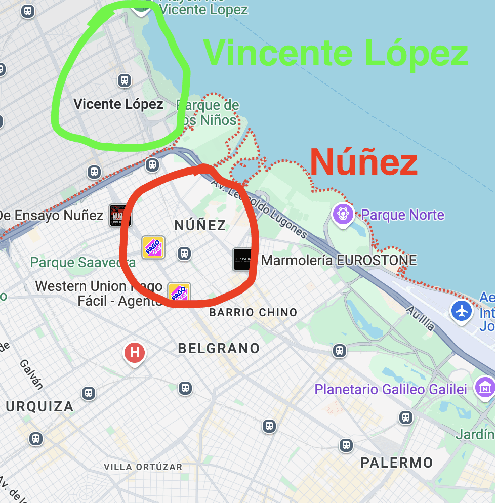 Carte de nuñez et Vincente Lopez au nord de Buenos Aires