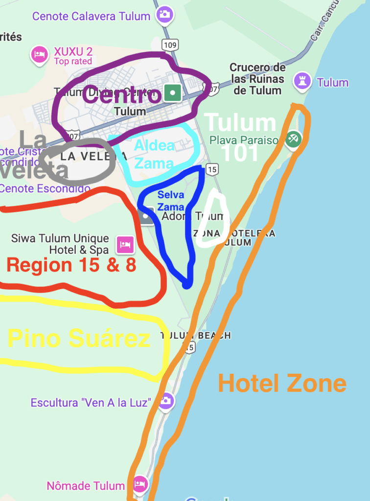 Carte des quartiers pour investir dans l'immobilier à Tulum