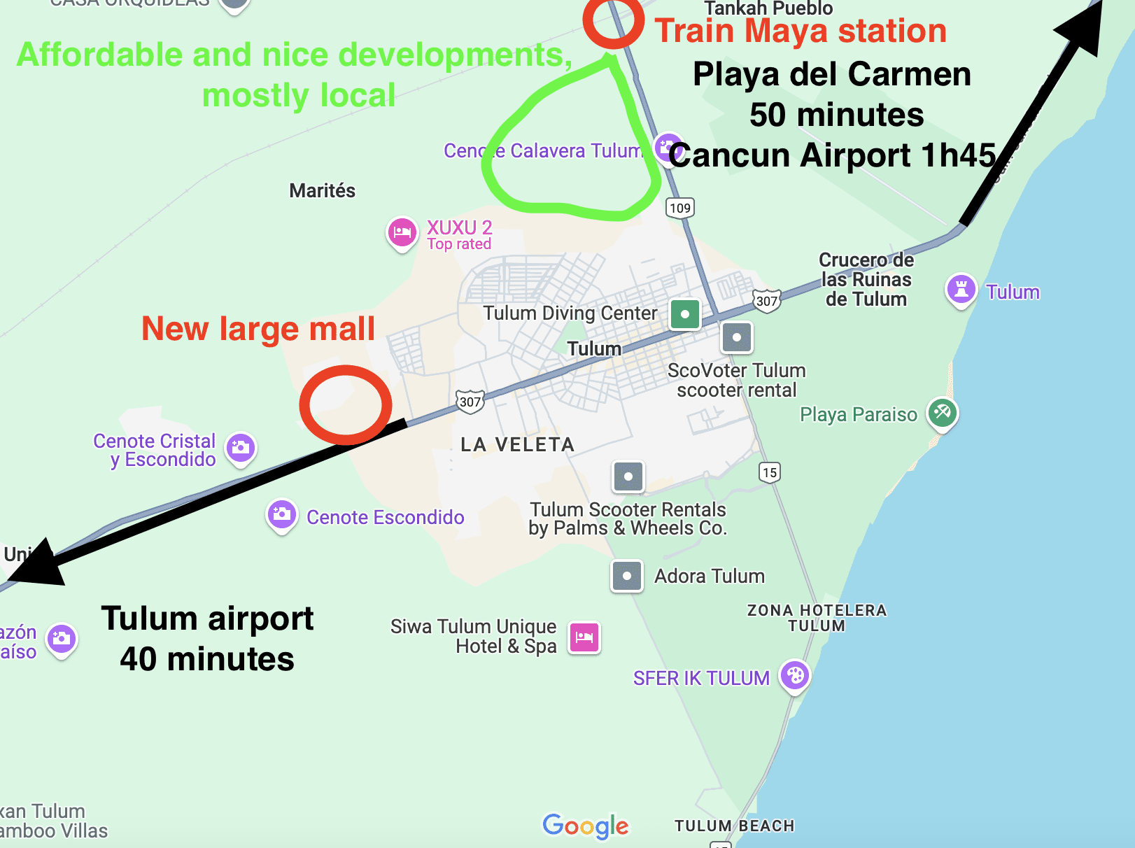 Tulum real estate investment heat map Carte des zones de croissance de Tulum